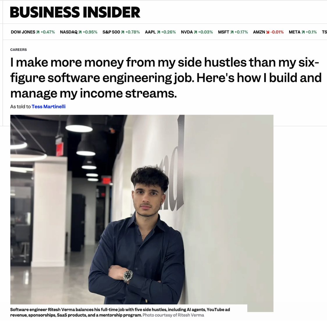 Business Insider article: 'I make more money from my side hustles than my six-figure software engineering job,' with a photo of Ritesh