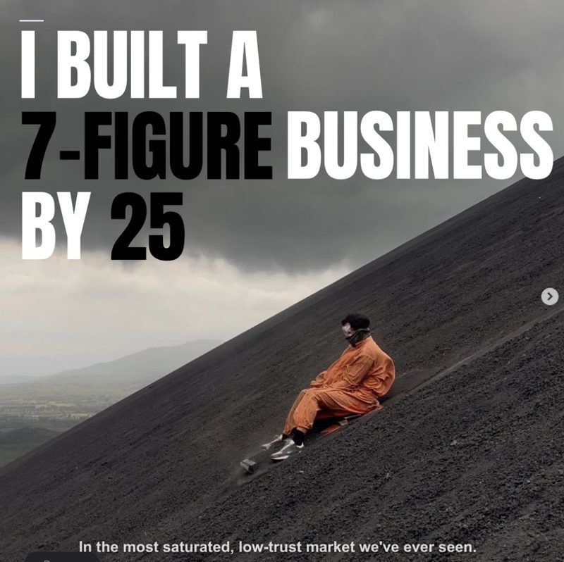 Ritesh sliding down a volcano in an orange suit, captioned 'I built a 7-figure business by 25'
