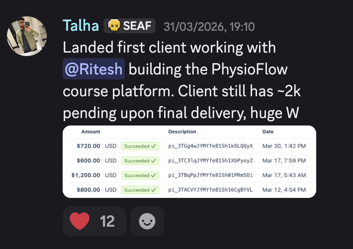Talha: first client, $3,320 paid
